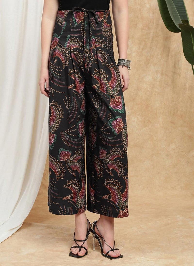 Globus Women Black Tropical Print Drawstring Waist High Rise Pleated Wide Leg Palazzos - Image 3